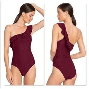 Robin Piccone Julianna One-Shoulder One-Piece Swimsuit Sz 10 Ruffle Purple Pads